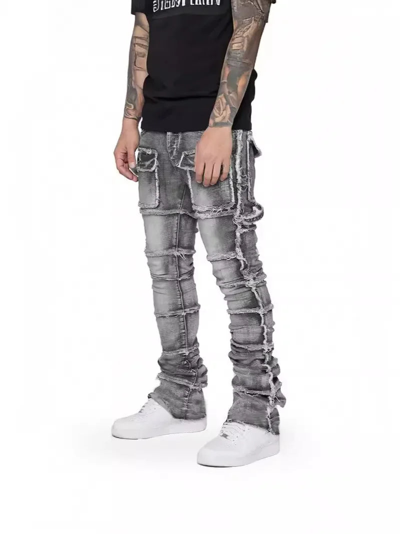Trendy Men Jeans, European and American Fashionable Workwear with Patch, Elastic, Laminated and Slightly Flared Men Denim Pants.