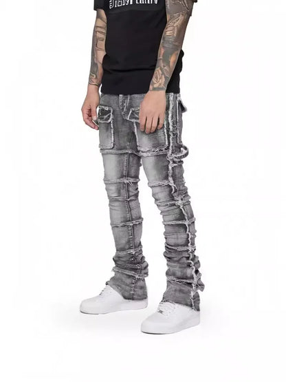 Trendy Men Jeans, European and American Fashionable Workwear with Patch, Elastic, Laminated and Slightly Flared Men Denim Pants.