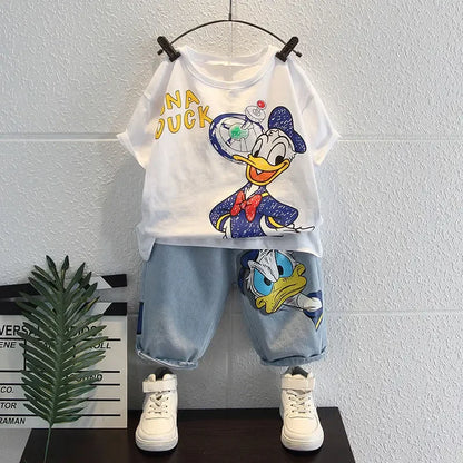 2023 Summer Kids Clothing Fashion Donald Duck T-shirt+Jeans Sets Children Cotton Short Sleeve Denim Shorts Tracksuits Clothes