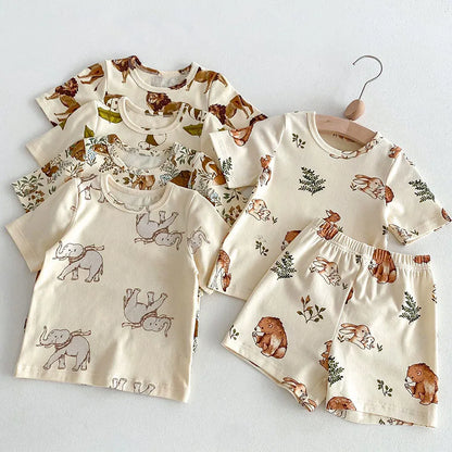 2pcs Ins New Summer 2025 Full print Soft Kids Clothing Set Boys Clothes Suit Pure Cotton Tee a 4nd Shorts  Chidren Track Suit