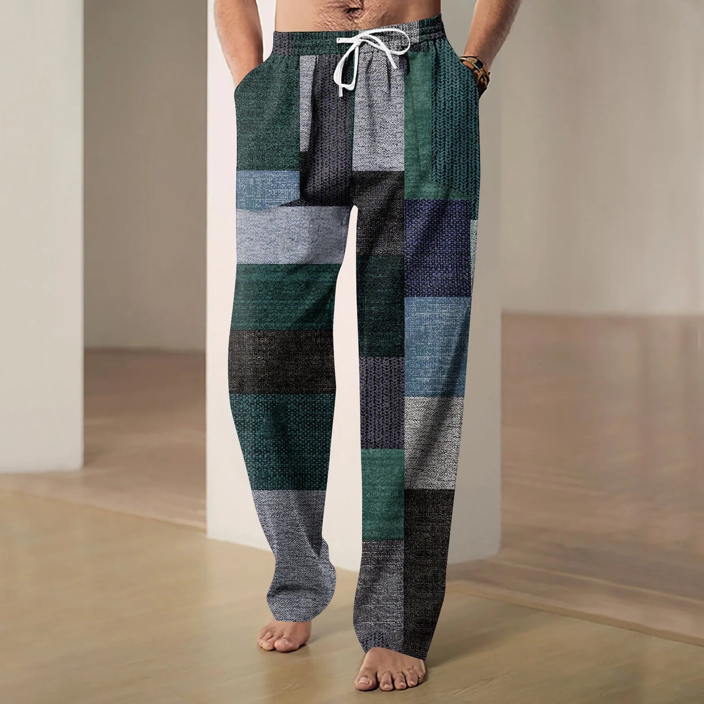 2024 Men's Trousers Cotton Linen Fashion Casual Pants Printed Breathable Loose Trousers Straight Drawstring Pants Streetwear Men