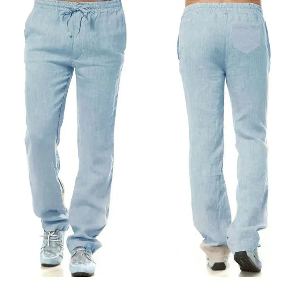 Men's Cotton Linen Trousers Men's Autumn New Breathable Leisure Solid Colour Drawstring Elastic Waist Running Trousers