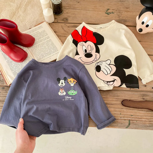 Mickey Printed Children Spring Bottoming Shirt Crewneck Long Sleeve T-shirt Fashion New Kids Clothing Boy Girl Base Shirt Blouse