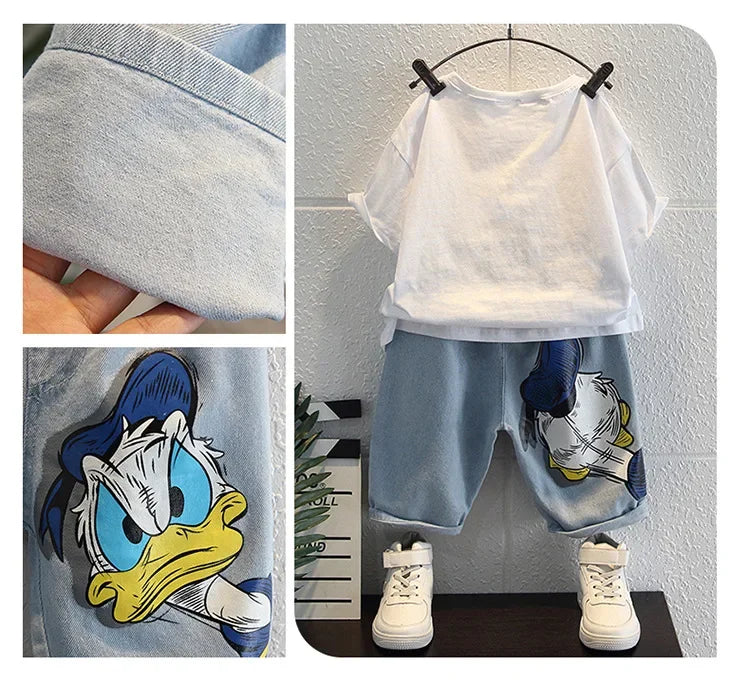 2023 Summer Kids Clothing Fashion Donald Duck T-shirt+Jeans Sets Children Cotton Short Sleeve Denim Shorts Tracksuits Clothes