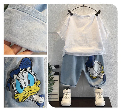 2023 Summer Kids Clothing Fashion Donald Duck T-shirt+Jeans Sets Children Cotton Short Sleeve Denim Shorts Tracksuits Clothes