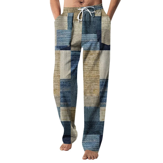 2024 Men's Trousers Cotton Linen Fashion Casual Pants Printed Breathable Loose Trousers Straight Drawstring Pants Streetwear Men