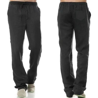 Men's Cotton Linen Trousers Men's Autumn New Breathable Leisure Solid Colour Drawstring Elastic Waist Running Trousers