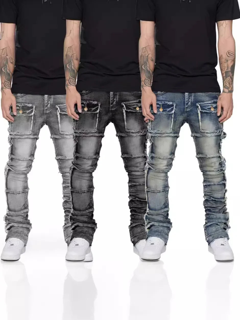 Trendy Men Jeans, European and American Fashionable Workwear with Patch, Elastic, Laminated and Slightly Flared Men Denim Pants.