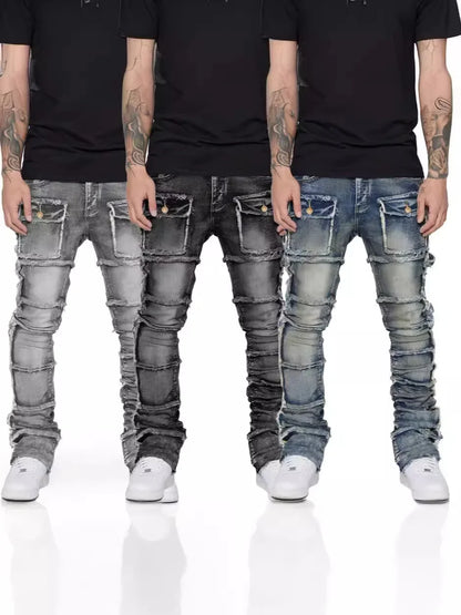 Trendy Men Jeans, European and American Fashionable Workwear with Patch, Elastic, Laminated and Slightly Flared Men Denim Pants.