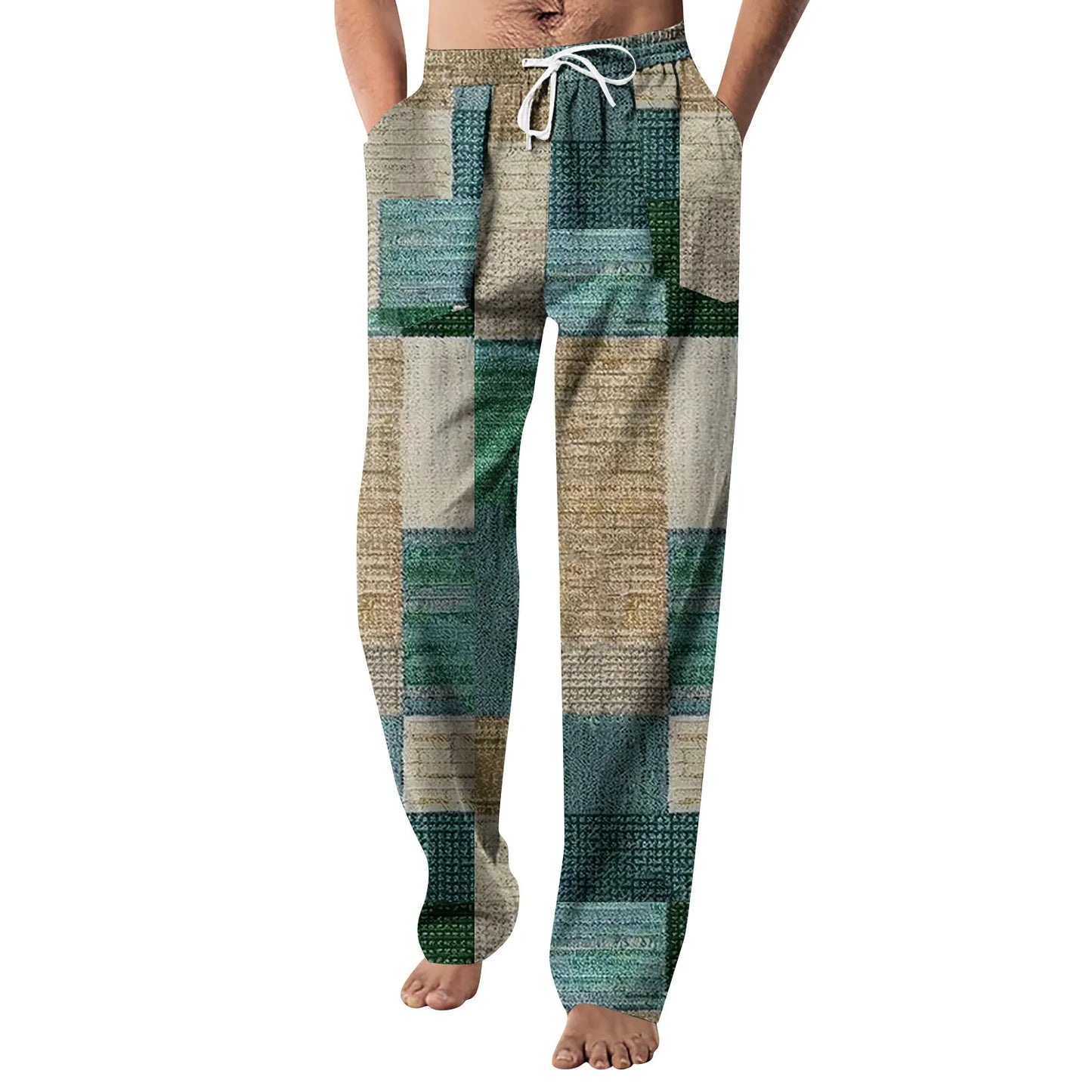 2024 Men's Trousers Cotton Linen Fashion Casual Pants Printed Breathable Loose Trousers Straight Drawstring Pants Streetwear Men