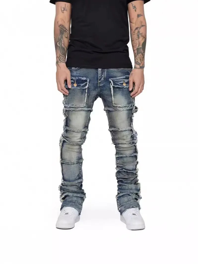 Trendy Men Jeans, European and American Fashionable Workwear with Patch, Elastic, Laminated and Slightly Flared Men Denim Pants.