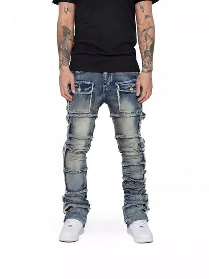 Trendy Men Jeans, European and American Fashionable Workwear with Patch, Elastic, Laminated and Slightly Flared Men Denim Pants.