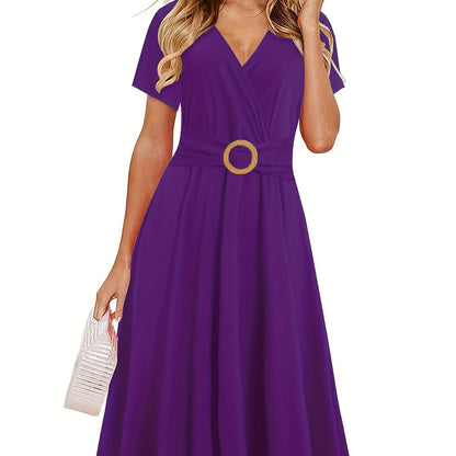 Short Sleeve V Neck Dress, Solid Casual Dress For Summer & Spring, Women's Clothing