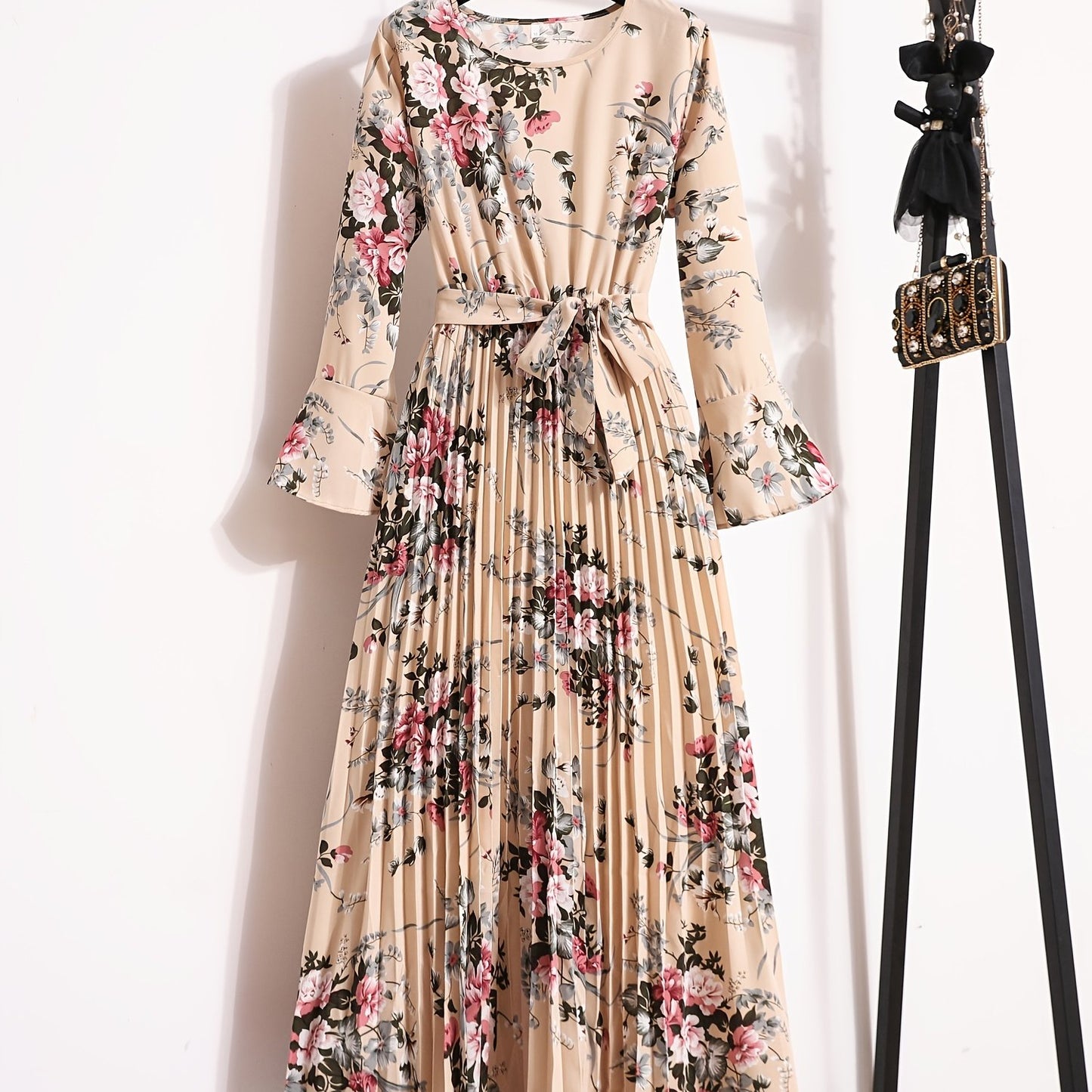 Floral Print Pleated Dress, Crew Neck Elegant Long Sleeve Maxi Dress, Women's Clothing
