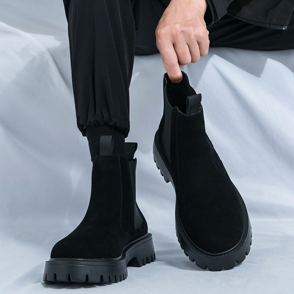 Men's Classic British Style Chunky Sole Ankle Boots - Faux Cover with Elastic Side Panels, Round Toe & Lace-Up Closure for Business Casual, Weddings, Parties - All-Season Versatile Footwear, Wedding Shoes, Durable Rubber Sole