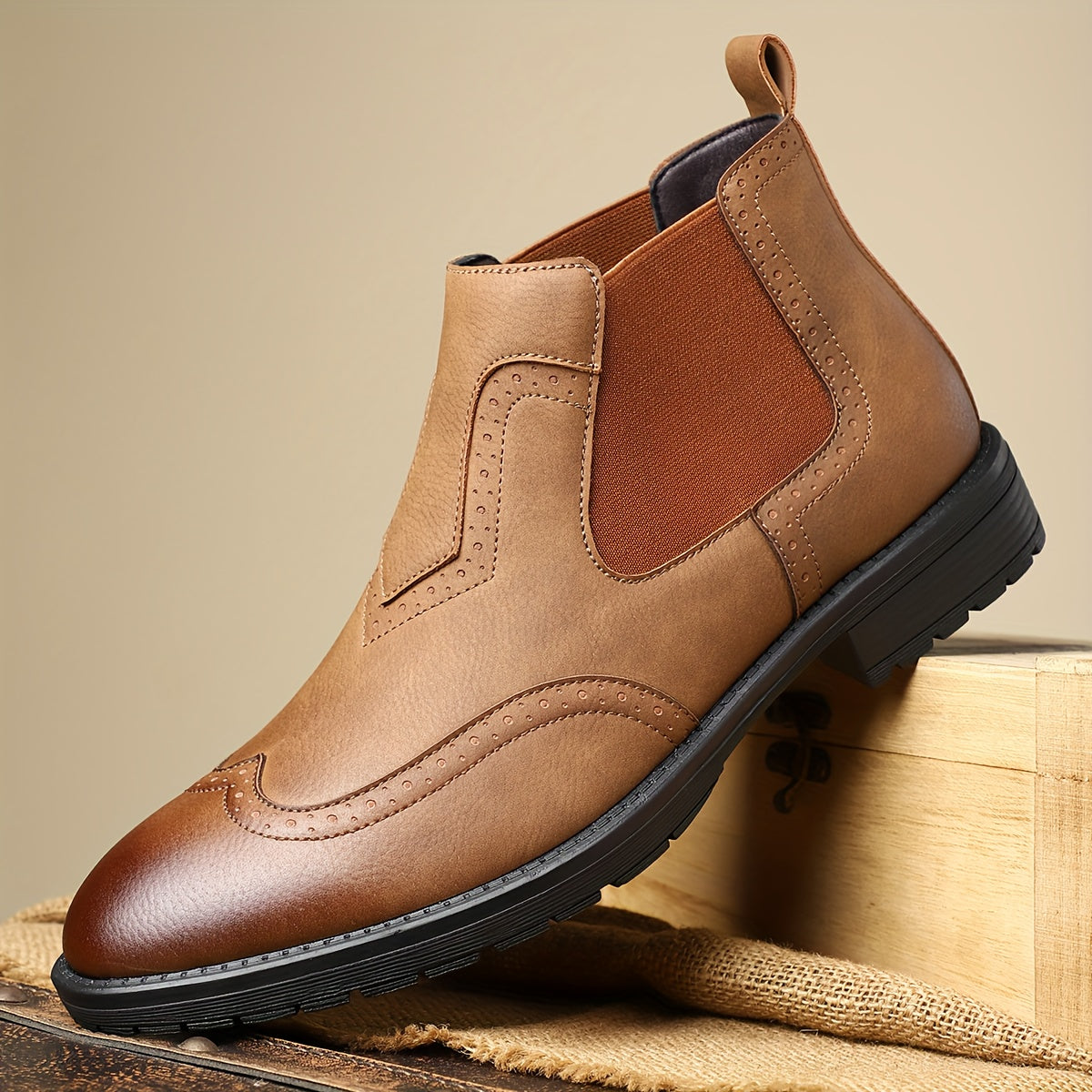 Men's Slip-On Short Boots - PU Upper & Rubber Sole, Glossy Black Round Toe Ankle Boots with Elastic Panel, All-Season Casual s for Office