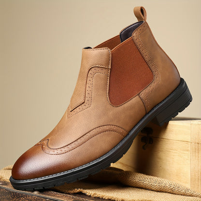 Men's Slip-On Short Boots - PU Upper & Rubber Sole, Glossy Black Round Toe Ankle Boots with Elastic Panel, All-Season Casual s for Office