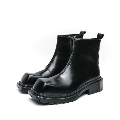 Men's -like Glossy Black Ankle-High Boot - Slip-Resistant Rubber Sole, Zipper Closure & Lace-Up Front, Chunky Short Boot with Glossy Upper, Glossy PU Lining & Arch - Slip-Resistant Traction Tread, PU Insole & Lining - Motorcy