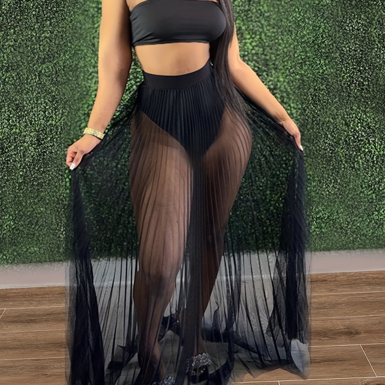 Women 3 Piece Swimsuit Set, Bandeau Bikini And Fishnet Hollow Out Beach Maxi Dress Cover Ups Party Skirts, Clubwear Set, Women's Clothing