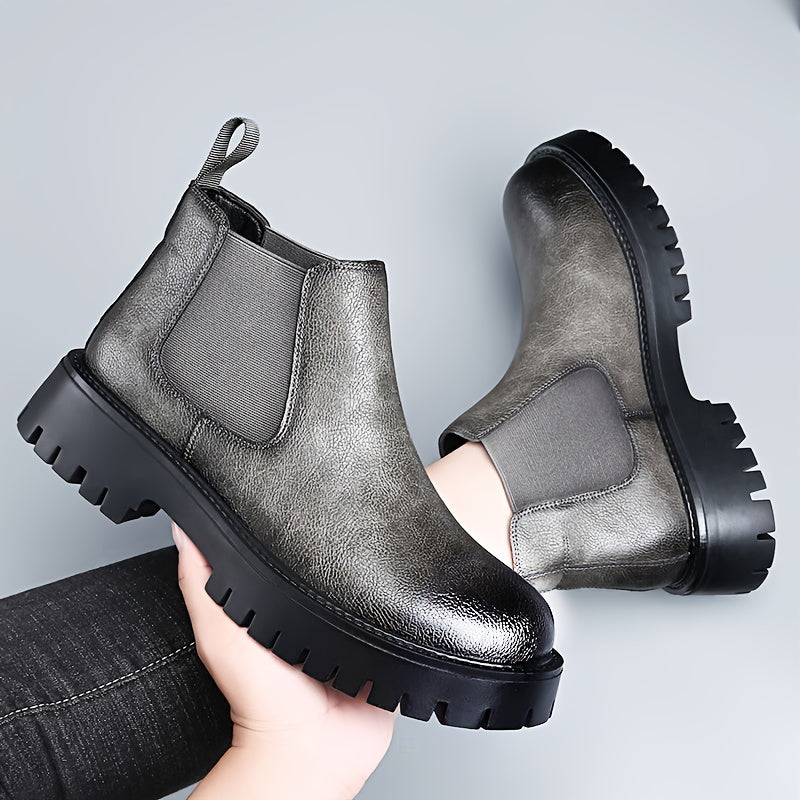 Men's Chunky Height-Increasing 4.5cm Chelsea Boots - Glossy Brown/Black Round-Toe Ankle Boots with Rubber Sole, Slip-Resistant & Cushioned Insole, All-Season Casual & Formal Shoes for Men,