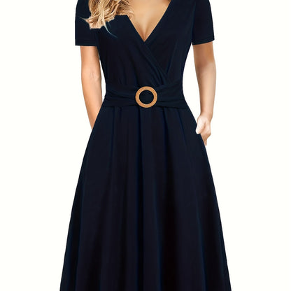 Short Sleeve V Neck Dress, Solid Casual Dress For Summer & Spring, Women's Clothing