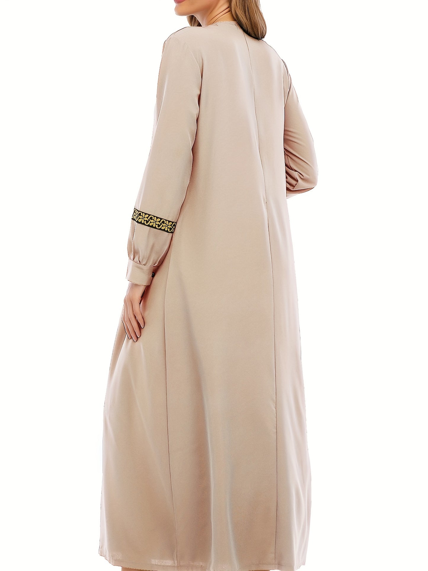 Ramadan Contrast Trim Kaftan, Elegant Long Sleeve Maxi Length Dress, Women's Clothing