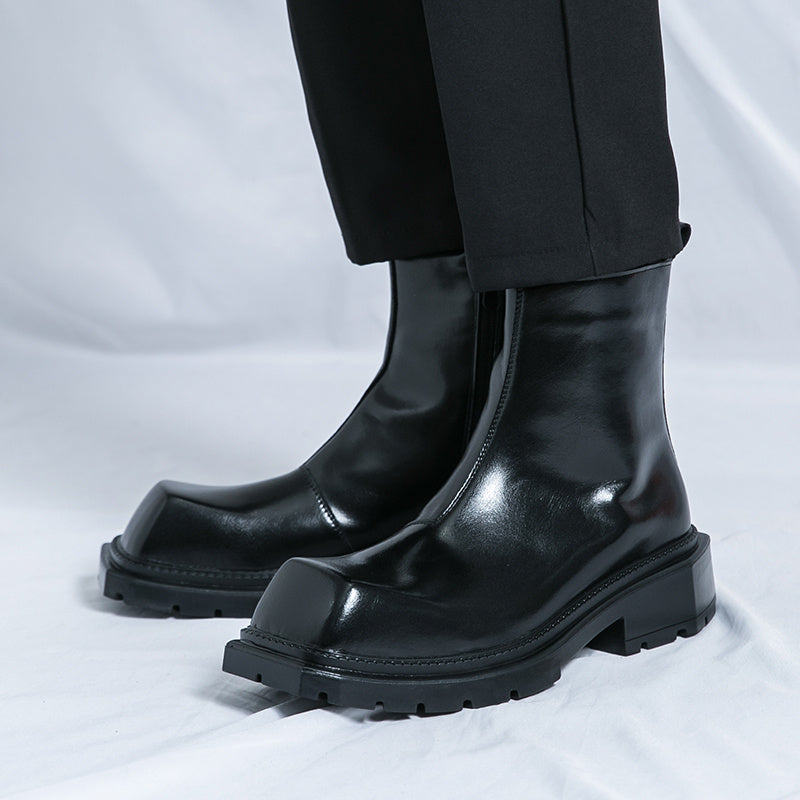 Men's -like Glossy Black Ankle-High Boot - Slip-Resistant Rubber Sole, Zipper Closure & Lace-Up Front, Chunky Short Boot with Glossy Upper, Glossy PU Lining & Arch - Slip-Resistant Traction Tread, PU Insole & Lining - Motorcy