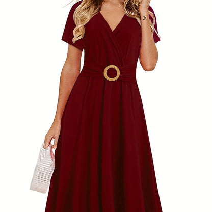 Short Sleeve V Neck Dress, Solid Casual Dress For Summer & Spring, Women's Clothing