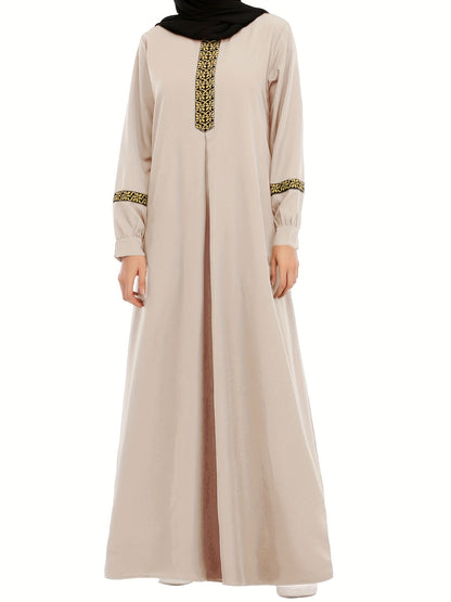 Ramadan Contrast Trim Kaftan, Elegant Long Sleeve Maxi Length Dress, Women's Clothing