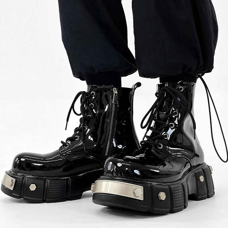 Unisex High-Top Motorcycle Boots - Black, Lace-Up, Round Toe, All-Season Casual Streetwear Shoes with Glossy Finish and Side Zipper Opening, Casual Streetwear Shoes | Stylish Short Boots | Glossy Finish Boots