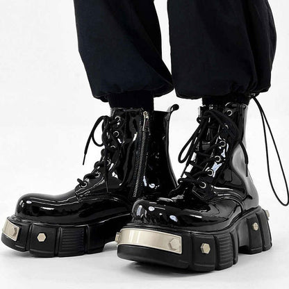 Unisex High-Top Motorcycle Boots - Black, Lace-Up, Round Toe, All-Season Casual Streetwear Shoes with Glossy Finish and Side Zipper Opening, Casual Streetwear Shoes | Stylish Short Boots | Glossy Finish Boots