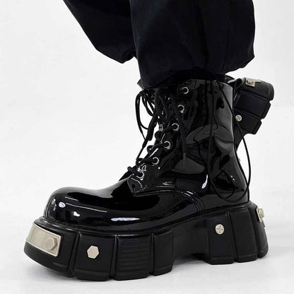 Unisex High-Top Motorcycle Boots - Black, Lace-Up, Round Toe, All-Season Casual Streetwear Shoes with Glossy Finish and Side Zipper Opening, Casual Streetwear Shoes | Stylish Short Boots | Glossy Finish Boots