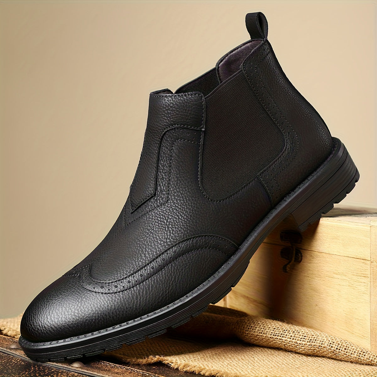 Men's Slip-On Short Boots - PU Upper & Rubber Sole, Glossy Black Round Toe Ankle Boots with Elastic Panel, All-Season Casual s for Office