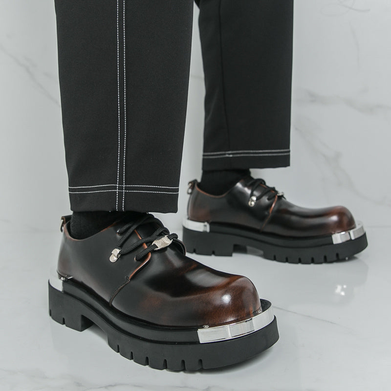 Men'S Chunky Platform Dress Shoes - Slip-Resistant Rubber Sole, Lace-Up Formal & Business Shoes, Glossy Black Faux Cover for Office, Wedding, Party - Cushioned Insole & Non-Slip Outsole, Office Footwear, Sleek Shoe Design, Du