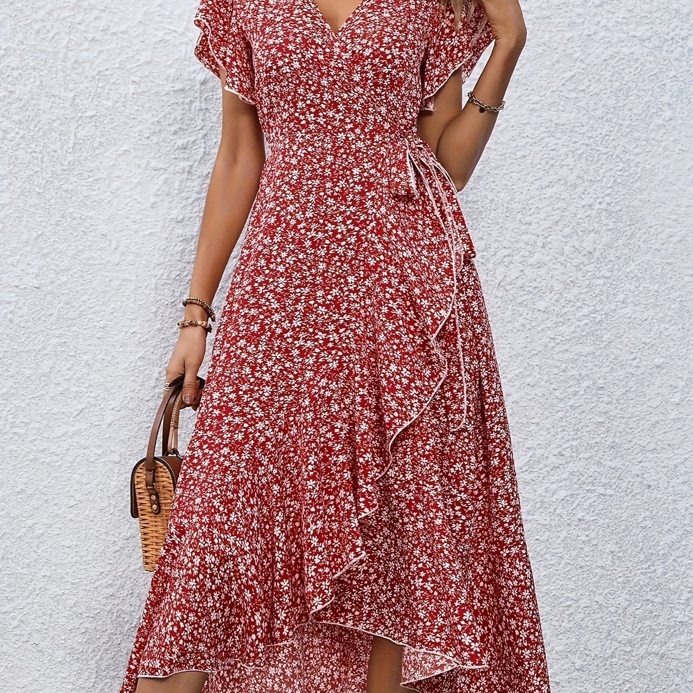 Floral Print Surplice Neck Tied Dress, Casual Flutter Sleeve Ruffle Hem Dress For Spring & Summer, Women's Clothing