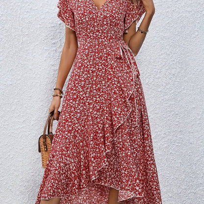Floral Print Surplice Neck Tied Dress, Casual Flutter Sleeve Ruffle Hem Dress For Spring & Summer, Women's Clothing