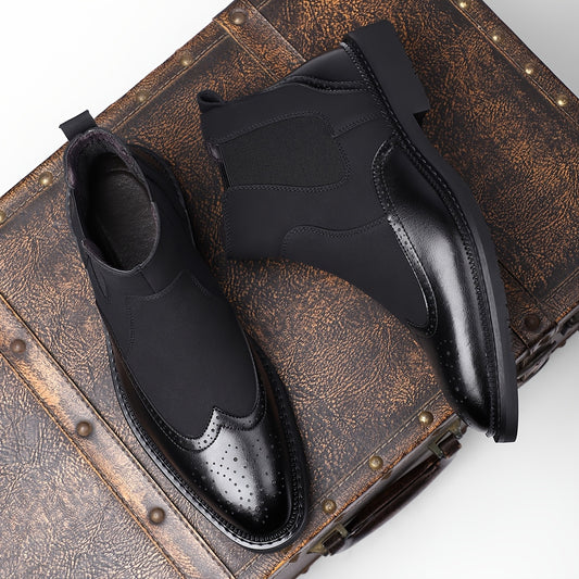 Men's vintage Wingtip Ankle Boots - Breathable Brown & Black Slip-On Dress Shoes with Rubber Sole, Perfect for Parties and Formal Events, Formal Attire Shoes | Vintage Wingtip Design | Durable Rubber Sole, Dressy Shoes