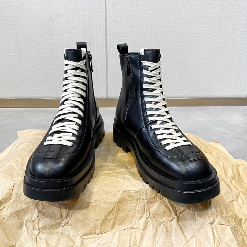 Men's High-Top Boots - Black with White Laces, Thick Rubber Sole