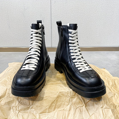 Men's High-Top Boots - Black with White Laces, Thick Rubber Sole