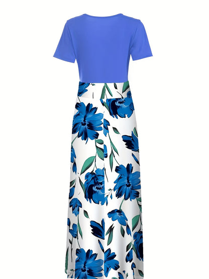 Floral Print Crew Neck Dress, Elegant Short Sleeve Dress For Spring & Summer, Women's Clothing