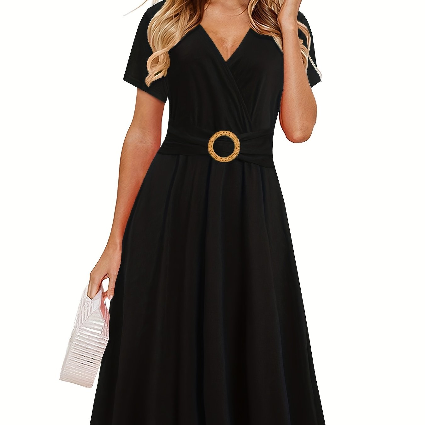 Short Sleeve V Neck Dress, Solid Casual Dress For Summer & Spring, Women's Clothing
