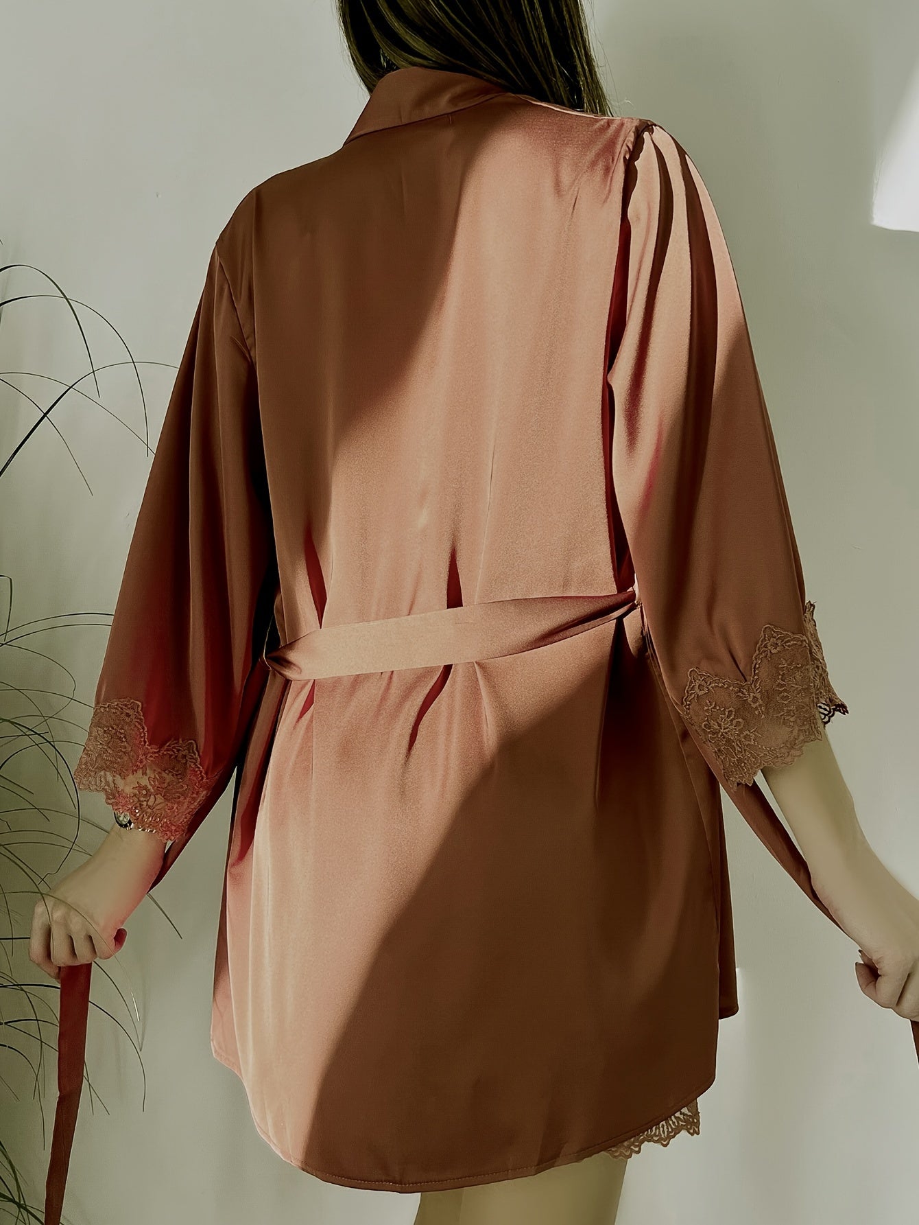 Contrast Lace Pajama Set, Deep V Slip Dress & Long Sleeve Robe With Belt, Women's Sleepwear & Loungewear
