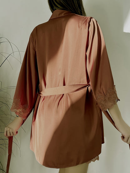 Contrast Lace Pajama Set, Deep V Slip Dress & Long Sleeve Robe With Belt, Women's Sleepwear & Loungewear