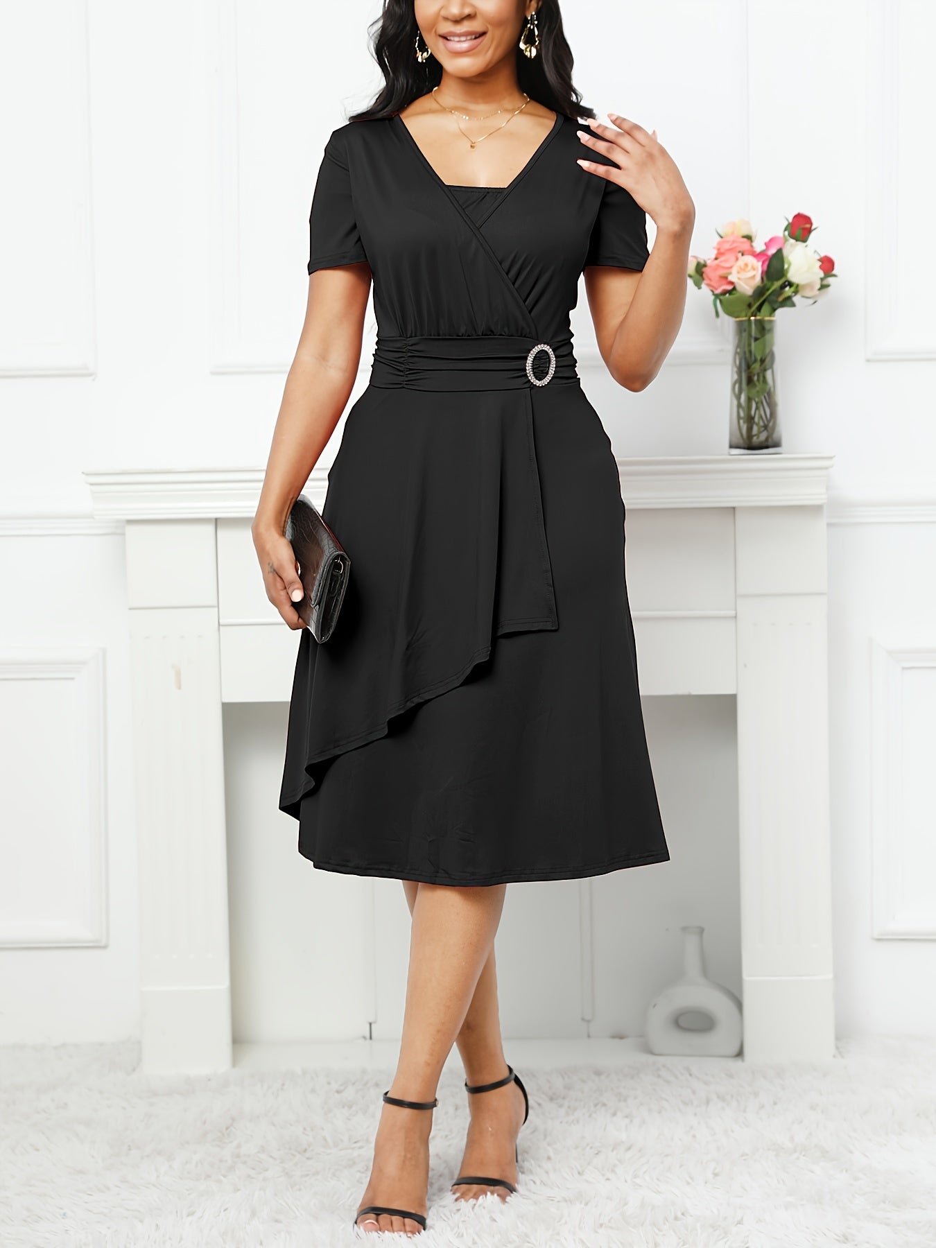 Asymmetrical V Neck Dress, Vintage Short Sleeve Slim Waist Comfy Dress, Women's Clothing Wedding/Evening dress/Occasion/Engagement/Ceremony