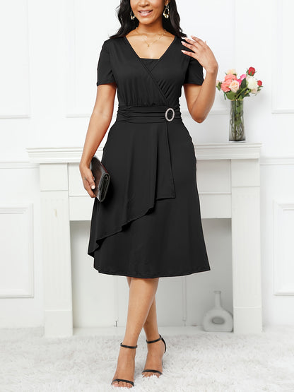 Asymmetrical V Neck Dress, Vintage Short Sleeve Slim Waist Comfy Dress, Women's Clothing Wedding/Evening dress/Occasion/Engagement/Ceremony