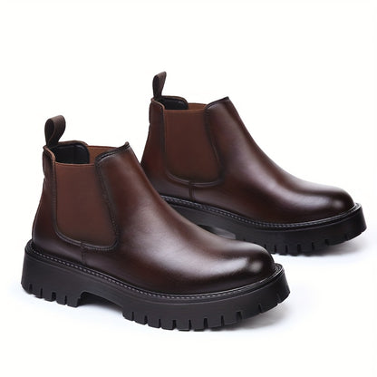 Men's Chunky Height-Increasing 4.5cm Chelsea Boots - Glossy Brown/Black Round-Toe Ankle Boots with Rubber Sole, Slip-Resistant & Cushioned Insole, All-Season Casual & Formal Shoes for Men,