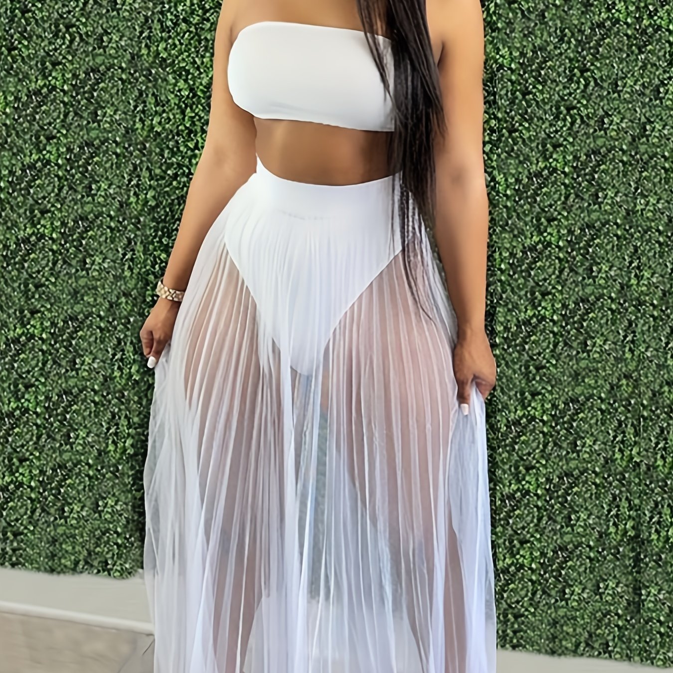 Women 3 Piece Swimsuit Set, Bandeau Bikini And Fishnet Hollow Out Beach Maxi Dress Cover Ups Party Skirts, Clubwear Set, Women's Clothing