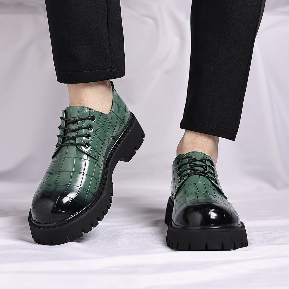 Men'S Glossy Green Derby Shoes - Low-Top Lace-Up Dress Shoes with Thick Rubber Sole, Synthetic Cover Upper & Cushioned Insole - Formal & Business Casual Shoes for Office, Parties - Easy-clean Elegant Footwear, Office Footwear