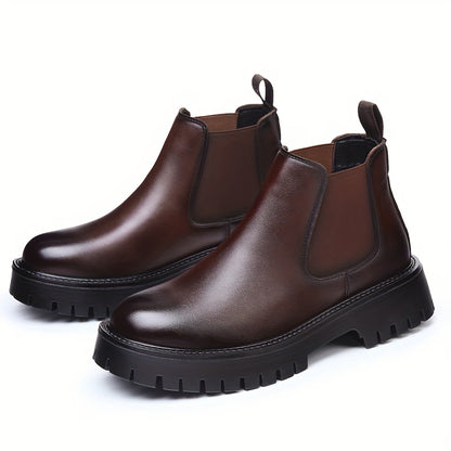 Men's Chunky Height-Increasing 4.5cm Chelsea Boots - Glossy Brown/Black Round-Toe Ankle Boots with Rubber Sole, Slip-Resistant & Cushioned Insole, All-Season Casual & Formal Shoes for Men,