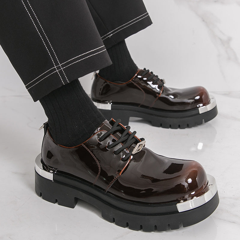 Men's Glossy -like Low-Top Lace-Up Dress Shoes - Glossy Black & Brown Luxury